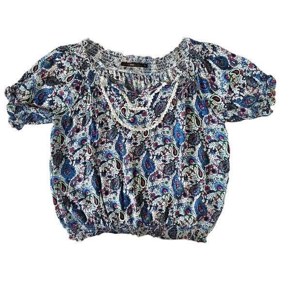 azelhazel hazel hazel haze Women's Colorful Print Blouse Top 100%Rayon Sz L Blue - Picture 3 of 9